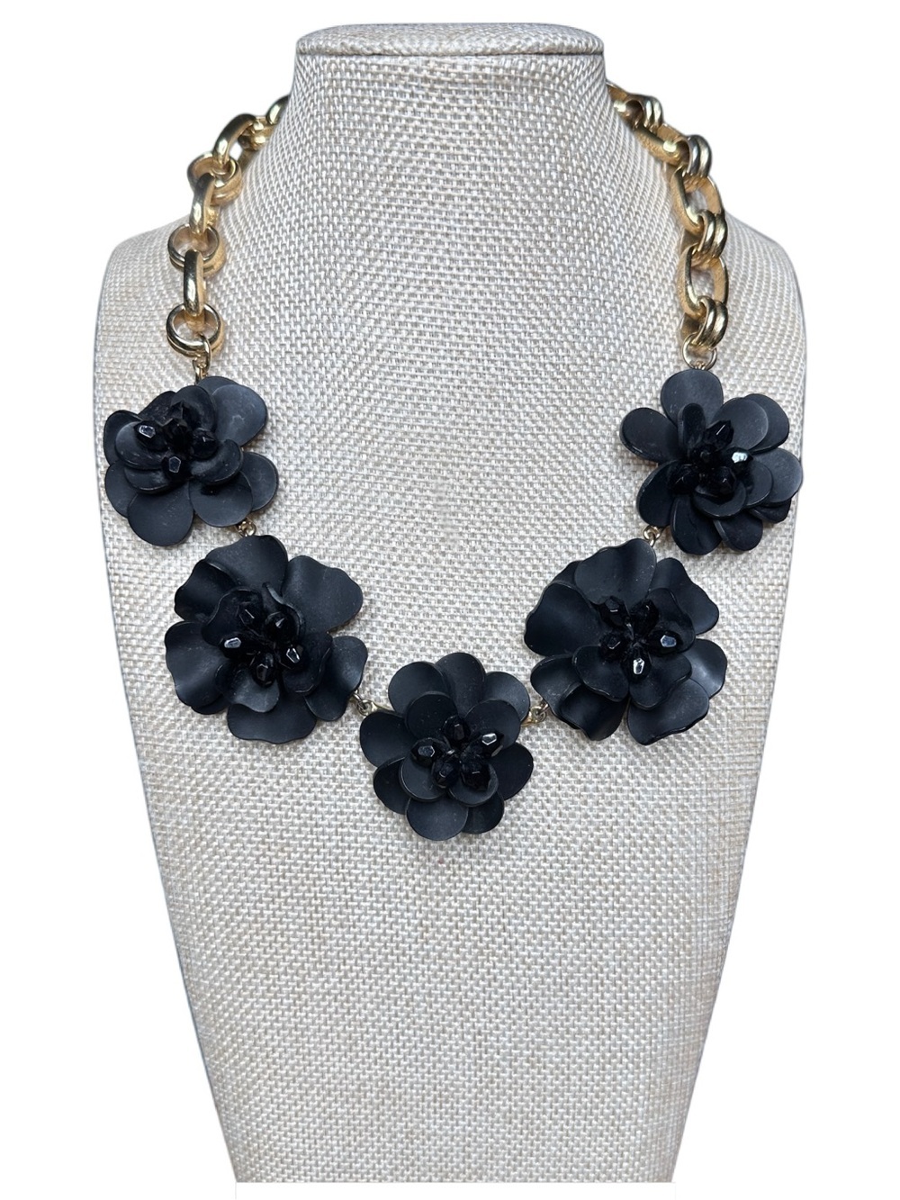 Talbots Black Floral Cluster Necklace with Gold-Tone Chain